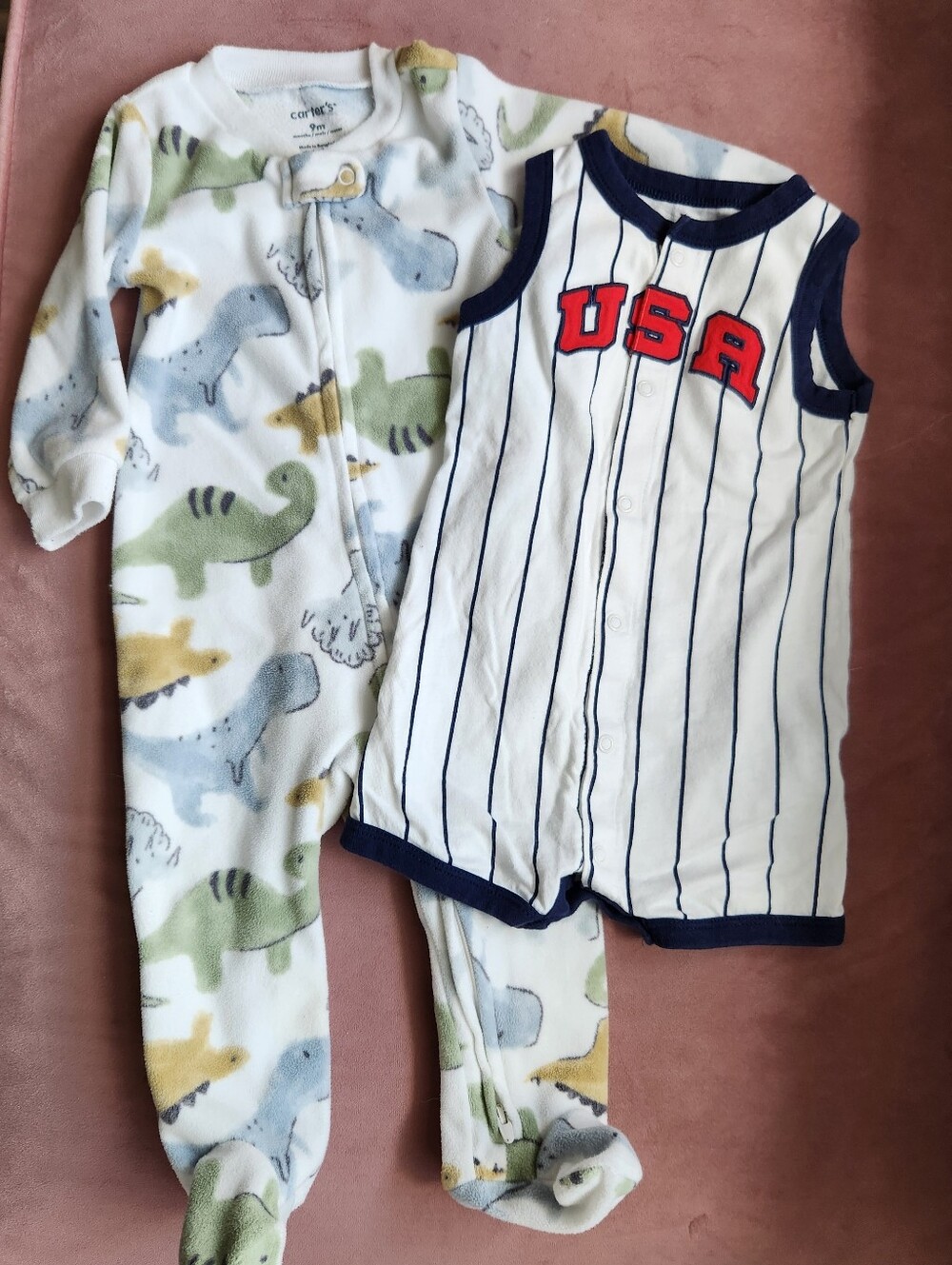 Carter's White Dino Footed Sleeper with Navy-Trim USA Pinstripe Romper